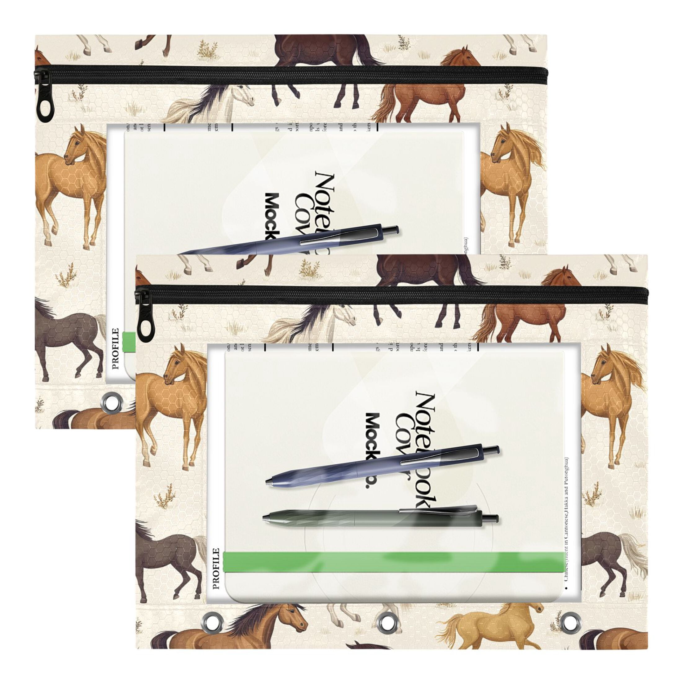 ALAZA Wild Horses Pattern Pencil Pouch 3 Ring Binder with Clear Window Organizers Case Bag 2PCs