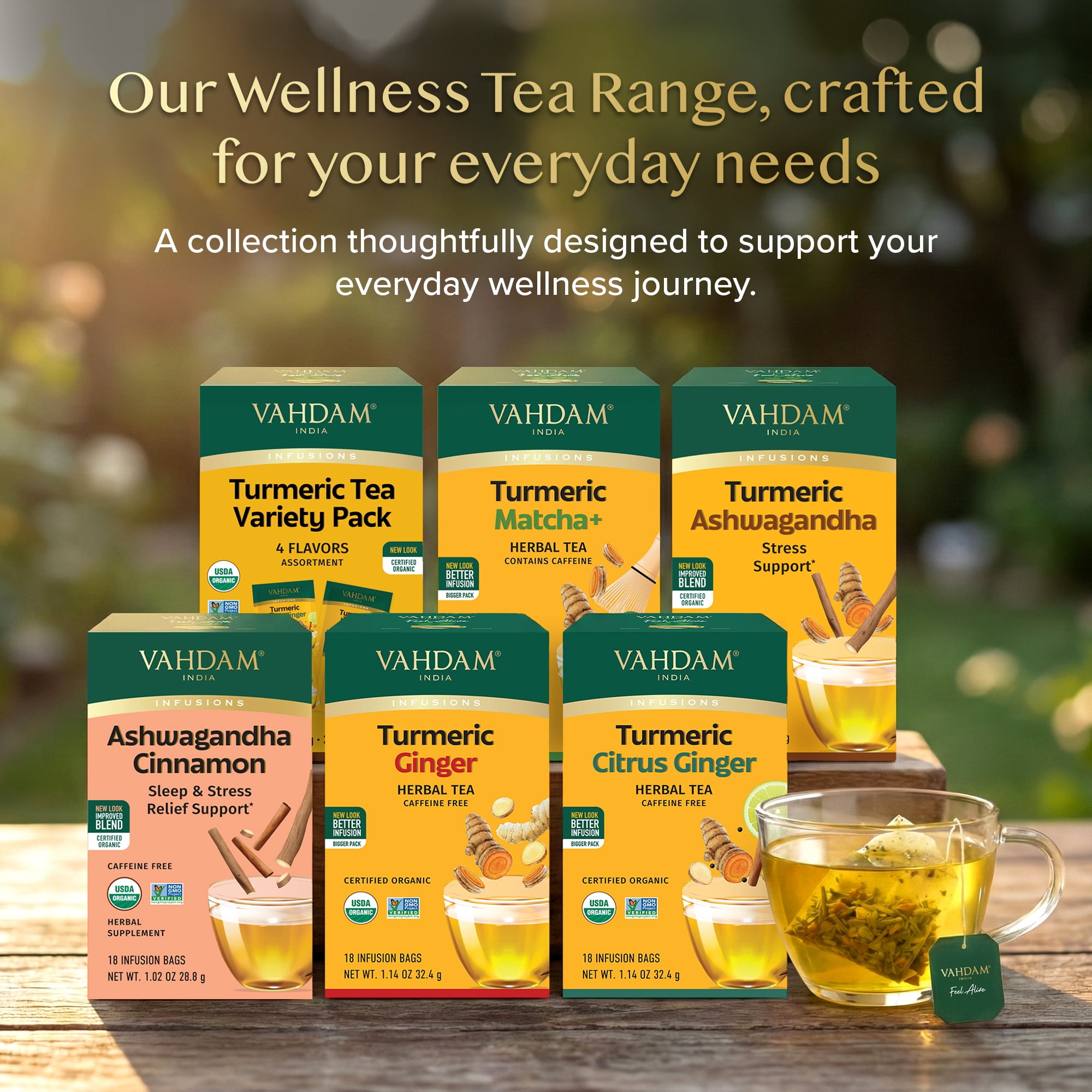 (3 pack) VAHDAM, USDA Organic Turmeric Herbal Tea Sampler (20 Tea Bags, 4 Flavors), Caffeine-Free, Gluten-Free |Turmeric with Citrus, Ginger, Chamomile & Peppermint Tea Variety | Individually Wrapped