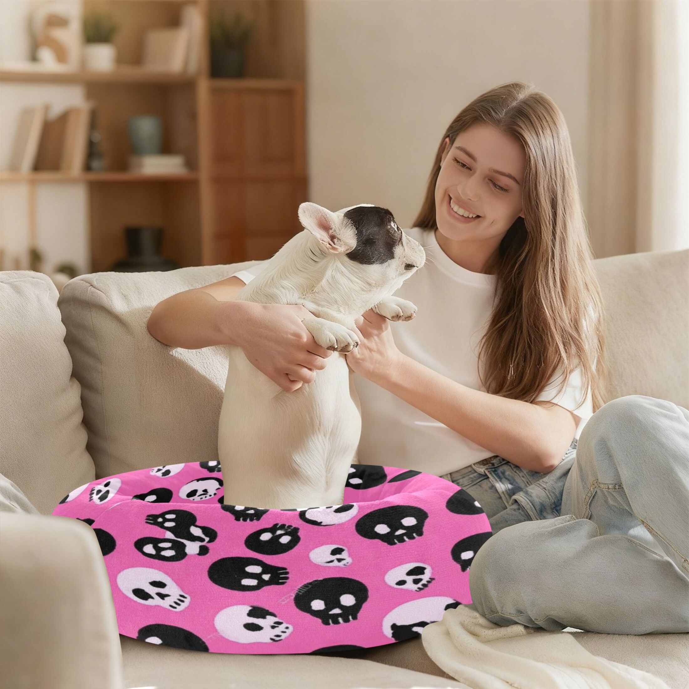 Iauyy Pet Couch Donut Cat Bed for Indoor Cats/Small Dogs Washable & Machine with Non-slip Bottom Calming Cat Furniture, Black Cartoon Skull Pattern (S)