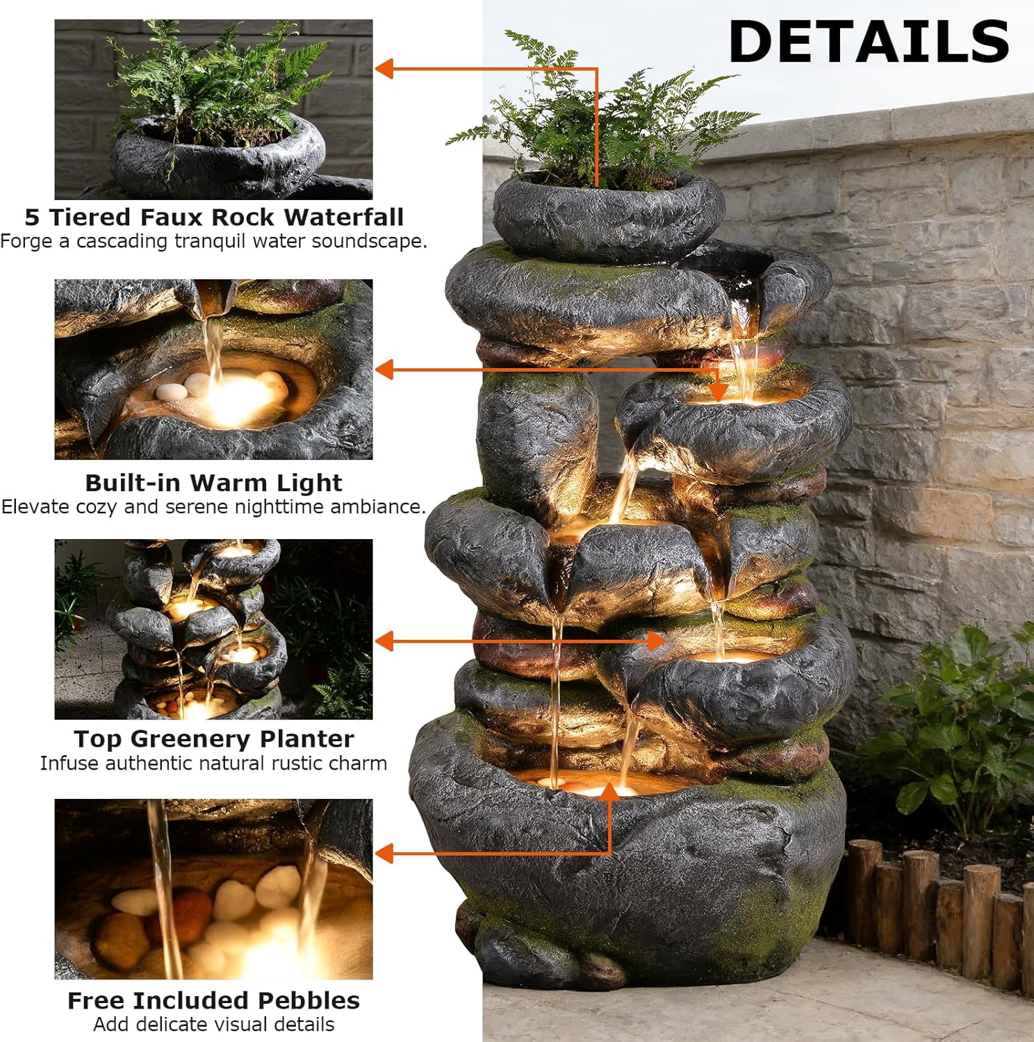 5-Tier Cascading Rock Water Fountain Outdoor, 29.5''Tall Outside Fountains and Waterfalls with Lights for Garden, Patio, Yard, Deck Home Decor with Natural Stone Look