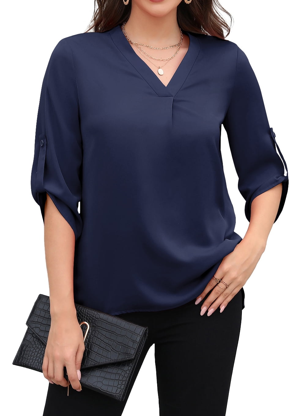 HOWCOME Womens Blouses 3/4 Roll up Sleeve, Henley V Neck Business ...
