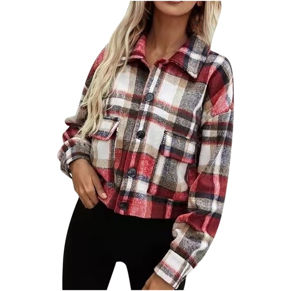 yoeyez Women's Short Plaid Shirt Jacket Shacket Turn Down Button Fall Coat Cardigan Tartan Flannel Trench Outerwear Tops