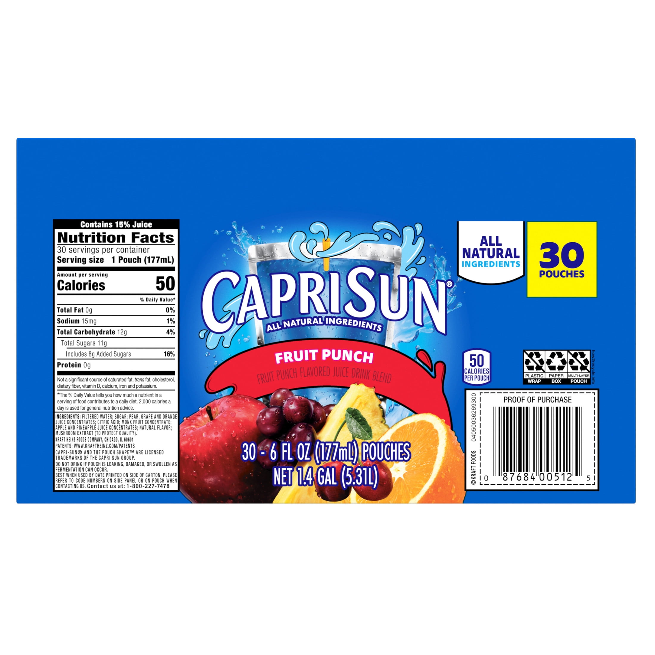 Capri Sun Flavored with Other Natural Flavor Juice Drink Blend, 30 Pouches, for School Lunches and On-the-Go Hydration, Fruit Punch, All Natural Ingredients, 6 fl oz