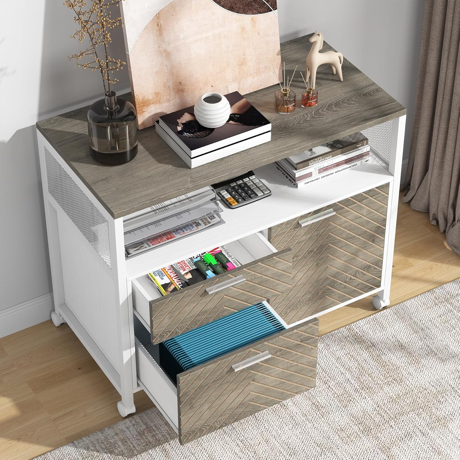 Tribesigns Modern File Cabinet with Drawers and Storage Shelves, Cabinet with Door, Rolling Caster (Gray & White)