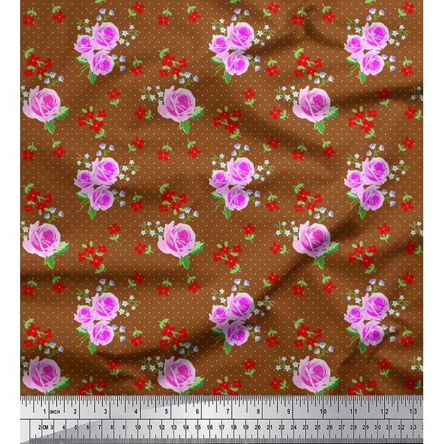 Soimoi Tissu en Poly Georgette à Pois, Feuilles et Roses Imprimé Floral au Mètre 52 Pouces de Large