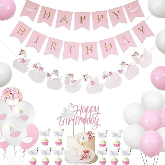 Swan Birthday Party Decorations, Swan Princess Party Decorations Banner White Pink Swan Balloon Cake Cupcake Topper Balloon for Girl Birthday Party Baby Shower