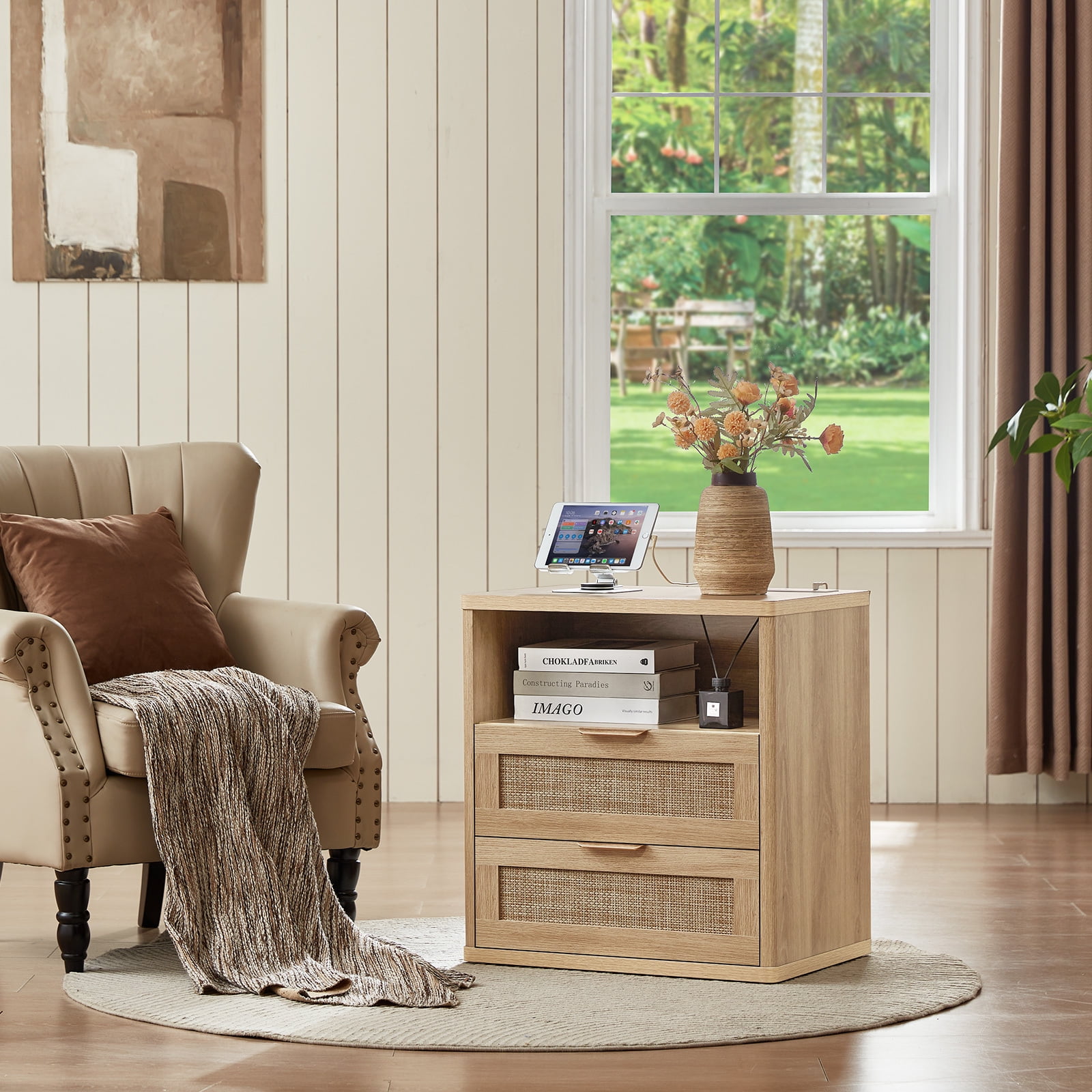 Rattan Nightstand Set of 2, Farmhouse Bedside Tables Night Stands with 2 Drawer and a Storage Shelf, Boho Side Tables for Living Room,Bedroom, Natural Wood