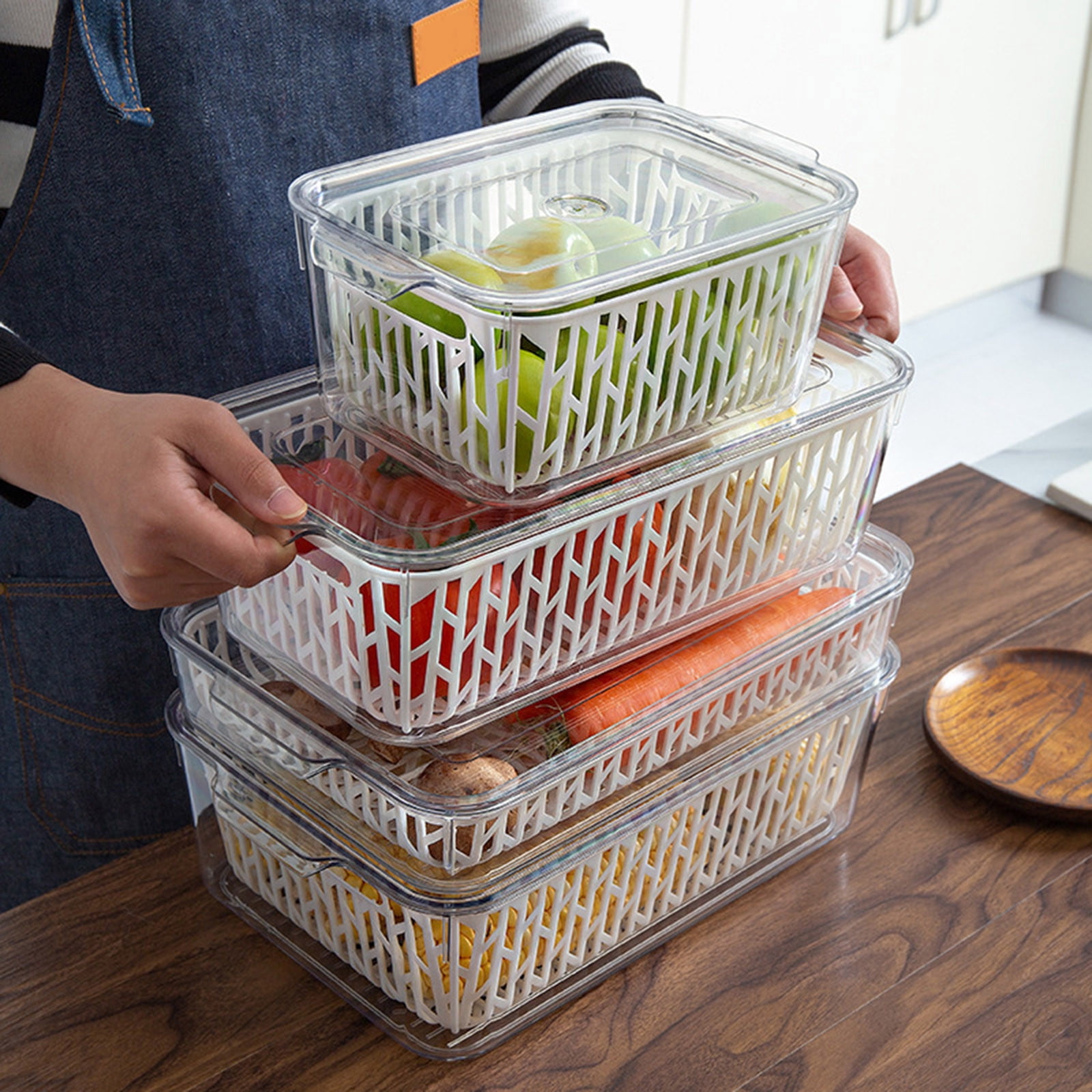 Modular Refrigerator Fresh-Keeper System with Drainage Grid - Food-Grade Sealed Container for Vegetable Hydration, Fruit Preservation & Egg Stacking | BPA-Free Crisper Organizer(13.19x6.5x3.94")