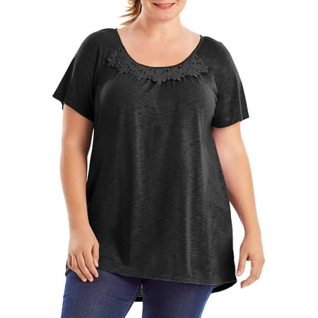 Black Embellished Tunic - Women's Plus Size Slub Crochet Trim Tunic