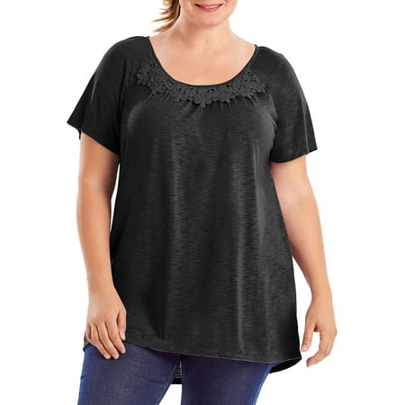 Women's Plus Size Slub Crochet Trim Tunic