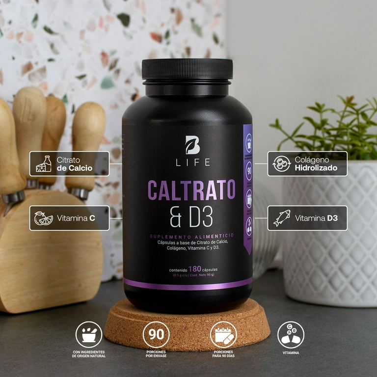 Citrato de Calcio de 180 Caps con D3, Colágeno Hidrolizado y Vitamina C. Caltrato & D3. B Life. B LIFE cápsulas