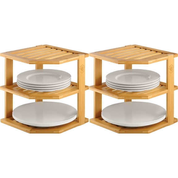Bamboo Corner Plate Organizer for Cabinet or Countertop, Space-Saving Kitchen Shelf for Plates, Dishes, and Bowls