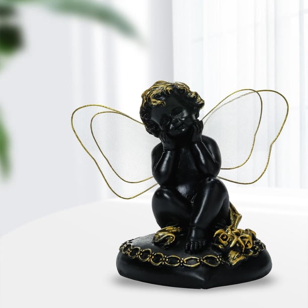 Estatua de ángel de resina Yotijar decoración para hogar en miniatura de hadas pintadas interiores exteriores adornos navideños de Querubines sentarse negro