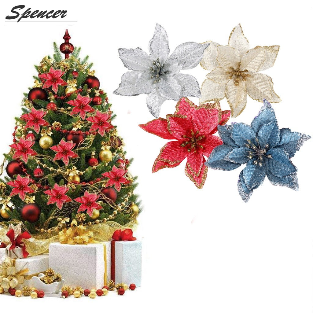 NUOBESTY 24Pcs Christmas Glitter Flowers Artificial Poinsettia Xmas Tree Flower Ornaments DIY Wreath Garland Christmas Party Decorations Golden 