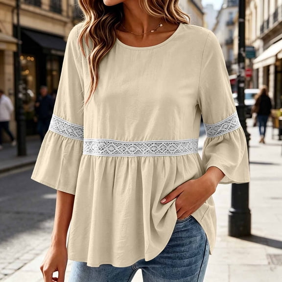 ClodeEU Women's Round Neck Lace Bell 3/4 Sleeve Tiered Peplum Blouse,Casual Loose Flowy Summer Tunic Top Beige,Women's Plus L