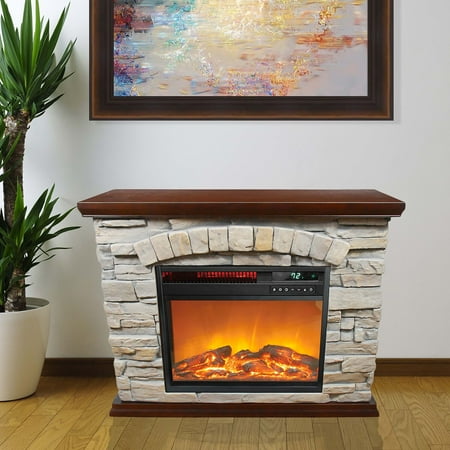 Lifesmart - Large Square Infrared Faux Stone Fireplace - Black