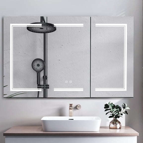 3-Doors 48"x28" LED Medicine Cabinet for Bathroom, 3-Color Wall Mounted Dimmable Bathroom Cabinet with 3-Tiers Storage Shelves, Anti-Fog, USB Charge, White