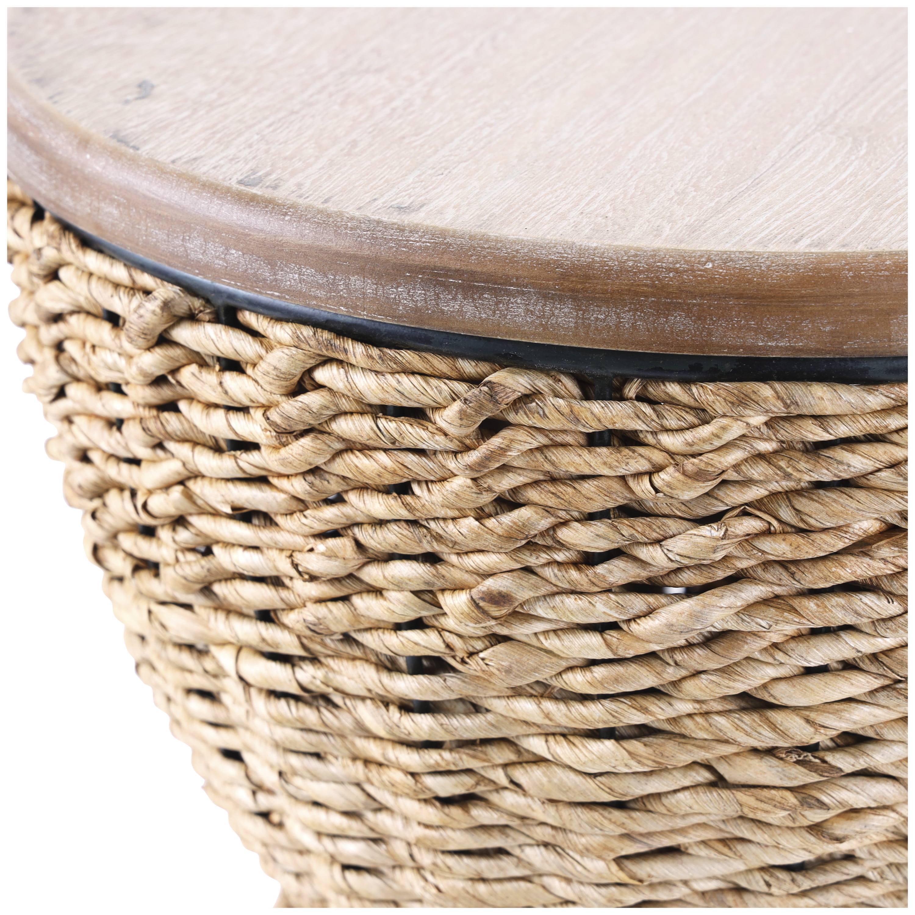 DecMode Rattan Handmade Woven Stool with Wood Tabletop and Black Frame, Brown
