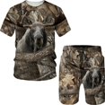 thumbnail image 3 of Conjunto de camiseta de caza con estampado 3D de camuflaje de jabalí, chándal elegante de cuello redondo para hombre, jersey de gran tamaño y pantalones cortos de playa, 3 of 5