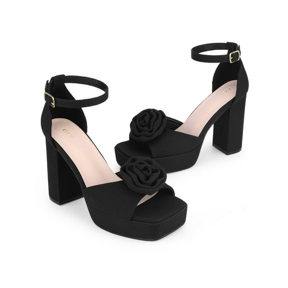 BLISSFUL STEP Women's Flower Square Toe High Platform Chunky Heel Sandals Black 6