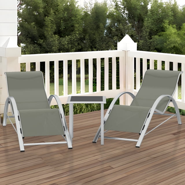 Gaderth Ensemble de 3 Pcs de Chaises Longues de Patio avec Table d'Appoint, Chaises Longues d'Extérieur Inclinables Réglables, Chaises Longues de Bord de Piscine en Aluminium avec Tissu à Séchage Rapide pour Plage, Jardin, Cour Arrière, Terrasse