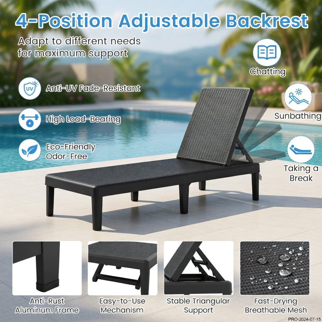Hommoo Outdoor Chaise Lounge Chair, Adjustable 4-Position Backrest, Waterproof Faux Rattan PP Surface, for Patio, Poolside, or Deck, Black