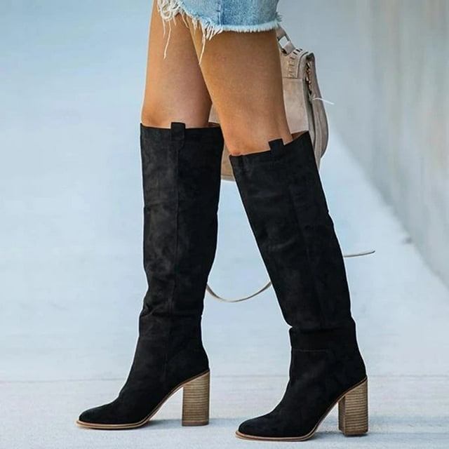 EGNMCR Bottes à Talons Hauts pour Femmes, Mode, Talon Épais, Longueur Genou, Bout Rond