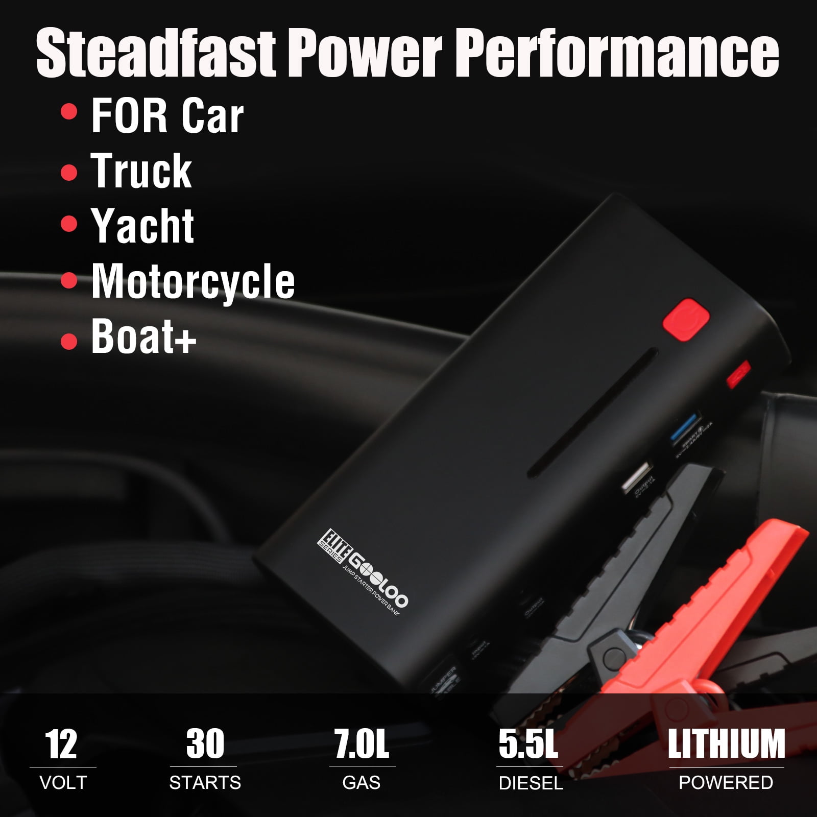 12V Portable Power Pack Auto Battery Booster Phone Charger Built-in LED Light,Gray GOOLOO 1200A Peak 18000mAh SuperSafe Car Jump Starter with USB Quick Charge Up to 7.0L Gas or 5.5L Diesel Engine 