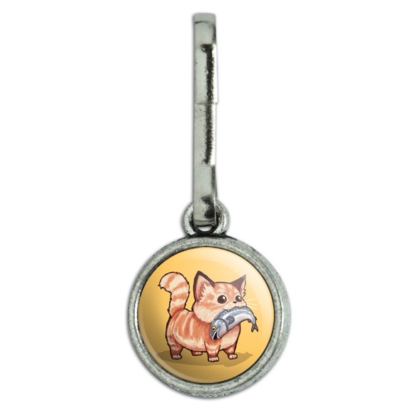 Kawaii Cute Cat with Fish in Mouth Antiqued Charm Clothes Purse Suitcase Backpack Zipper Pull Aid