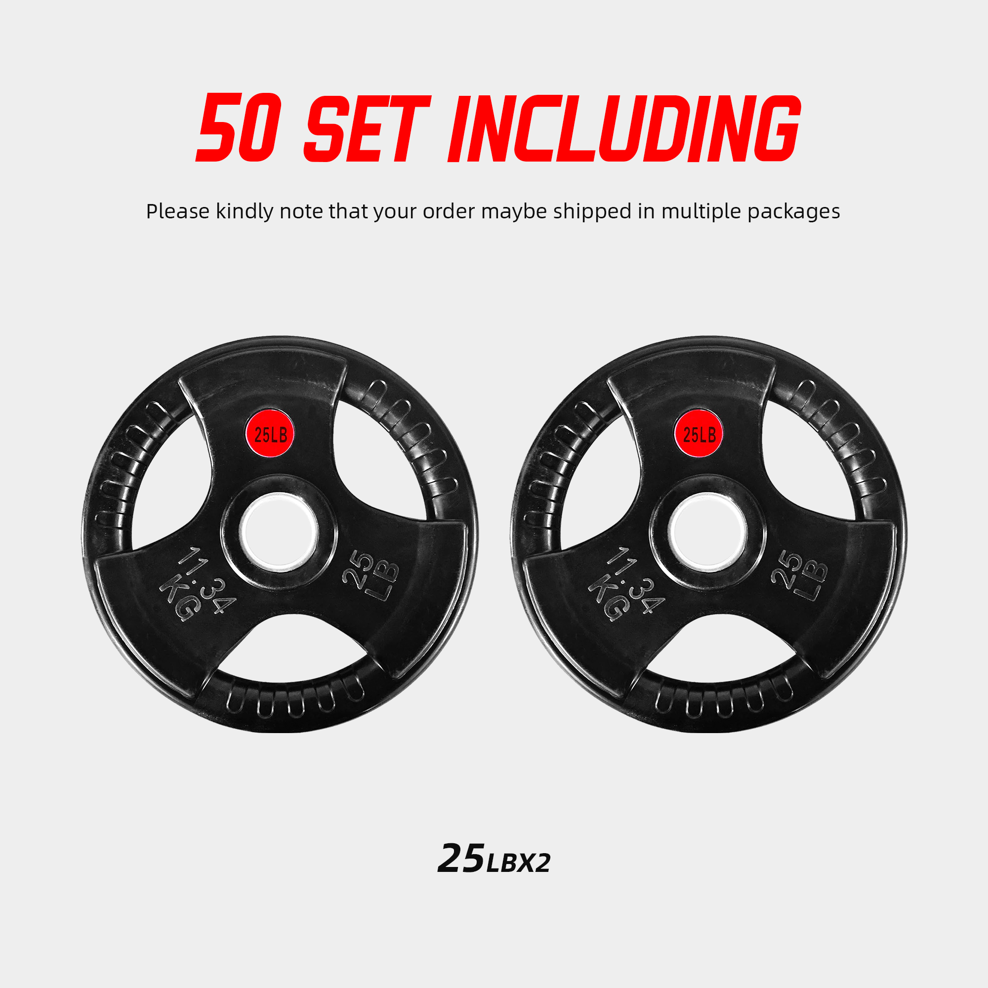 Signature Fitness 3-Grip Olympic Rubber Weight Plates, 2.5LB–45LB, Black with Red Label, Pair or 4-Pack