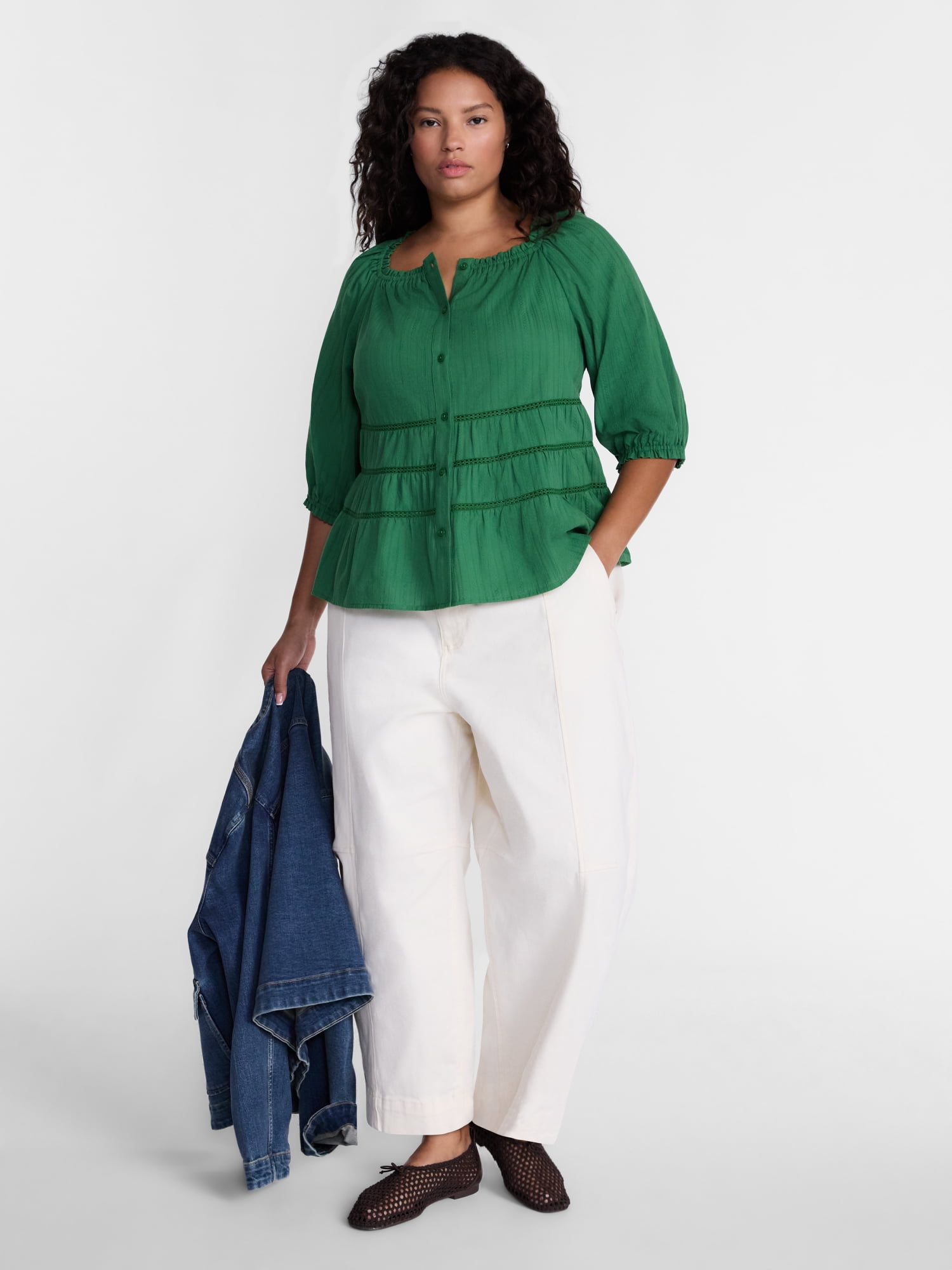 Terra & Sky Women's Plus Eyelet Trim Swing Top with Elbow Length Sleeves, Sizes 0X-5X