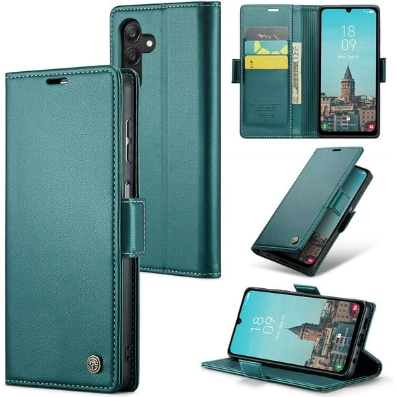 TEMOGU-for Samsung Galaxy A25 5G Case, Premium PU Leather Wallet Case Flip Cover with [RFID Blocking][Card Holder][Stand Function] Shockproof Protective for Samsung Galaxy A25, Blue-Green
