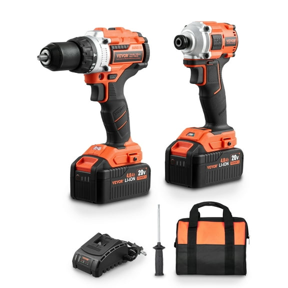 VEVOR Tool Combo Kit, 20V Max Cordless 2-Tool Combo Kit, with 1/2 in Impact Drill, 1/4 in Impact Driver, Compact Cordless Power Tool Combo Kit with 4.0 Ah Batteries