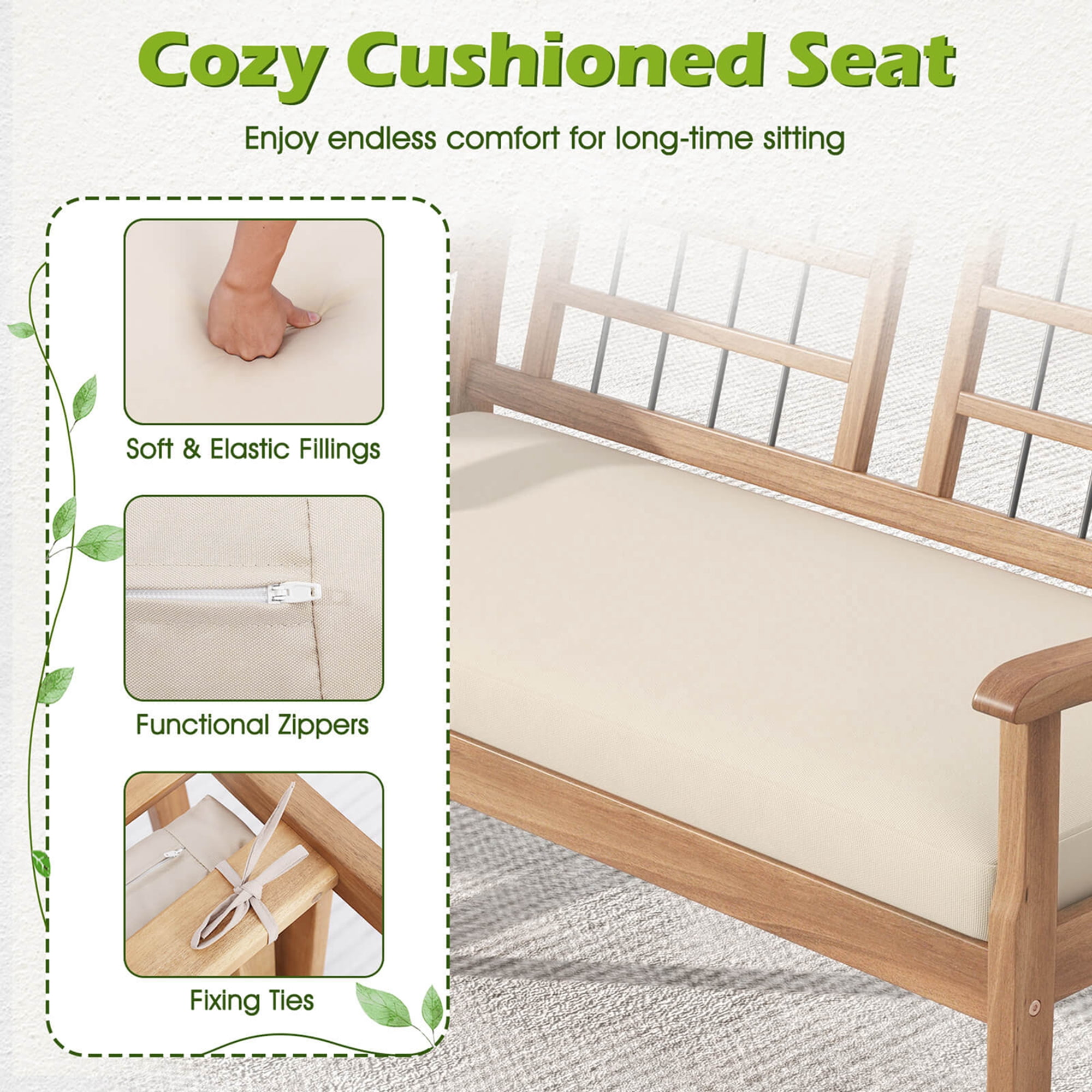 Costway 4 PCS Wood Patio Furniture Set with Soft Seat Cushions Solid Acacia Wood Frame Off White