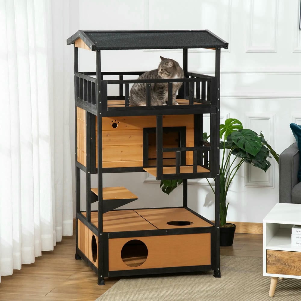 Resenkos Cat Cage, Cat Crate Kennel Enclosure Playpen,Wooden Outdoor Cat House, Feral Cat Shelter Kitten Condo with Asphalt Roof, Yellow