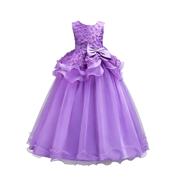 Fgnfyis Toddler Girl Dresses Tutu Long Gown Wedding Pageant Performance Embroidered Formal Flower Girl Dress Purple 7-8 Years