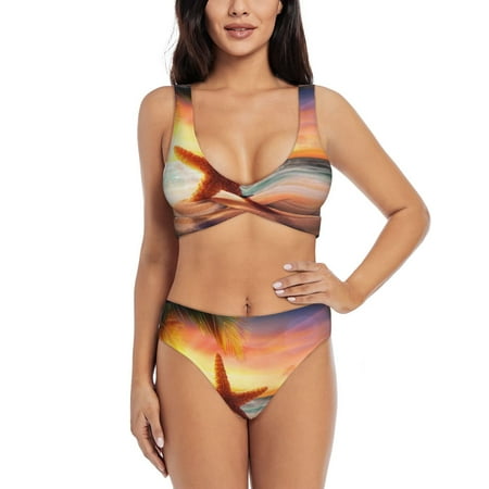 Zeuib Starfish Sunset Sea Beach High Waisted Tummy Control Bikini Set - Knot Front Push Up Top & Cheeky Thong Bottom  Two-Piece Swimsuit for Women-XX-Large