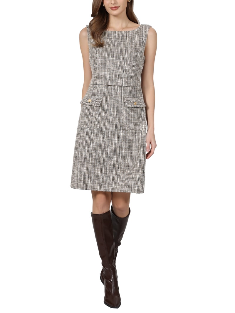 beige tweed dress Tweed-effect knit mini dress Pink For Women
