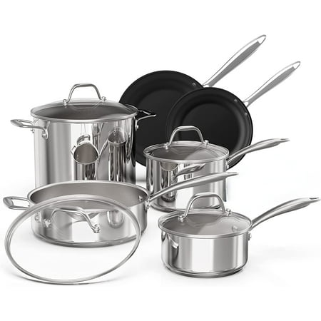 

Ciwete Stainless Steel Pots and Pans Set 11-Piece Kitchen Cookware Sets with Steamer Insert 18/10 Stainless Steel Induction Cookware Set with Stay Cool Long Handles Dishwasher Safe\u20