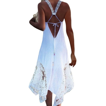 Summer Boho Sleeveless Long Maxi Dress For Women Party Beach Cover Ups Long Strap Cold Shoulder Swim