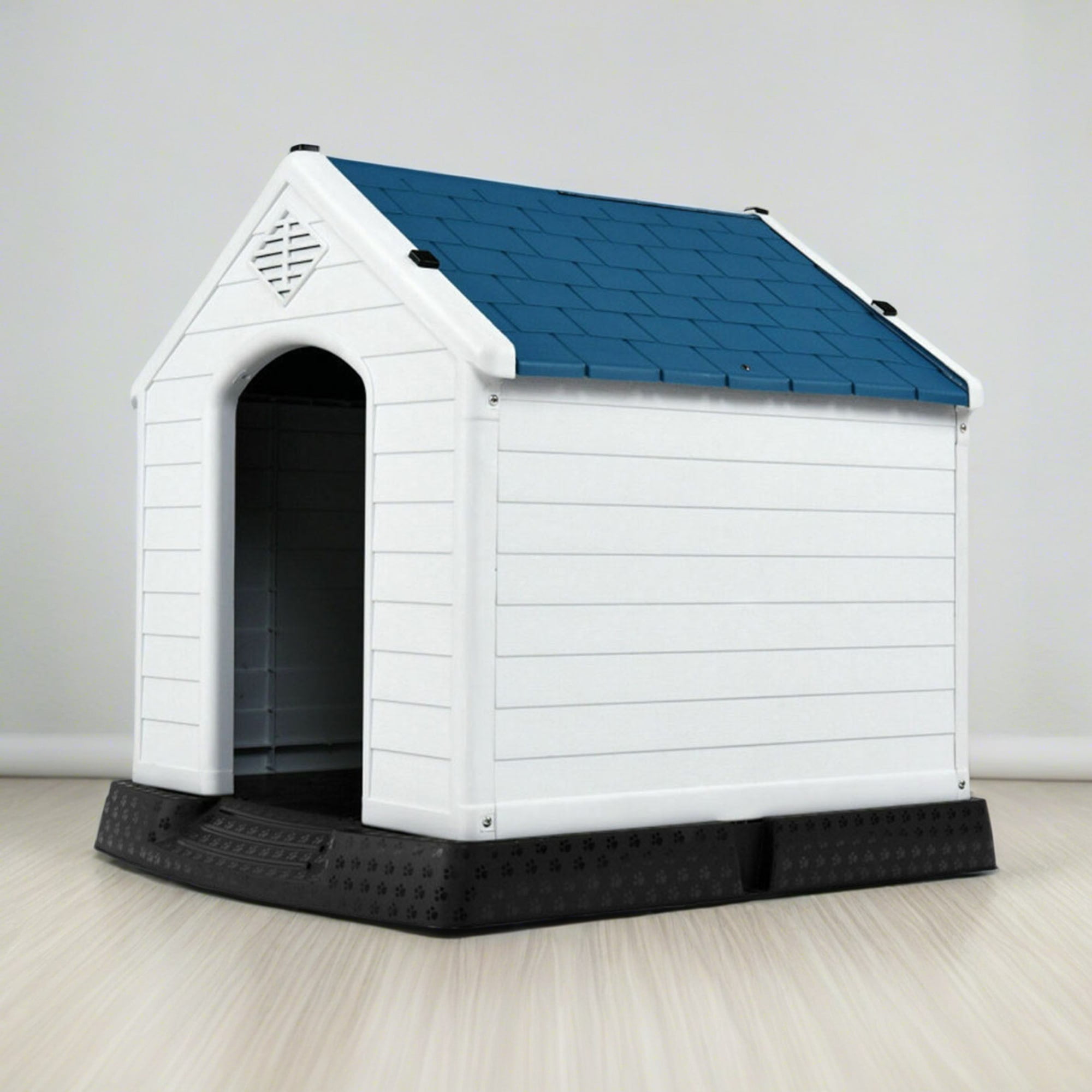 Pefilos 27" Outdoor Dog House, Sun Protection Pet Houses for Small Dogs, Weatherproof Cat House with Ventilation System and Fastening Device, White Pefilos 27" Outdoor Dog House, Sun Protection Pet Houses for Small Dogs, Weatherproof Cat House with Ventilation System and Fastening Device, White