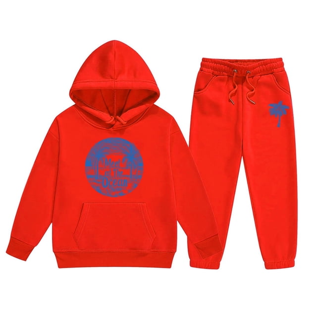2PC Girls Outfits Long Sleeve Hooded Pullover Tops Pants Cartoon Print Leisure Clothes Set 5-6 T
