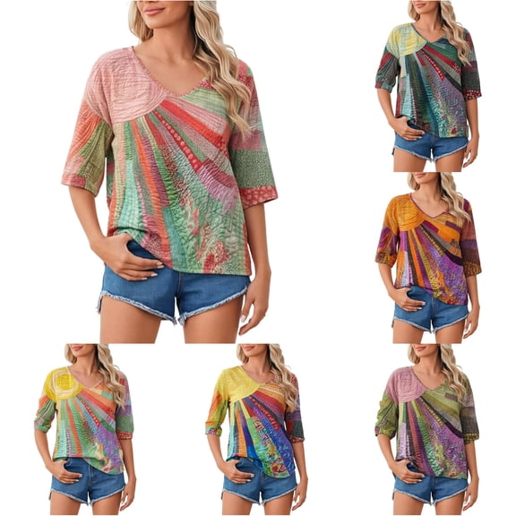 DHFJKG Tshirts Shirts For Women Boho Top Rainbow Print 3/4 Sleeve V Neck Loose Fit Graphic Tees Retro Bohemian Comfy Tops