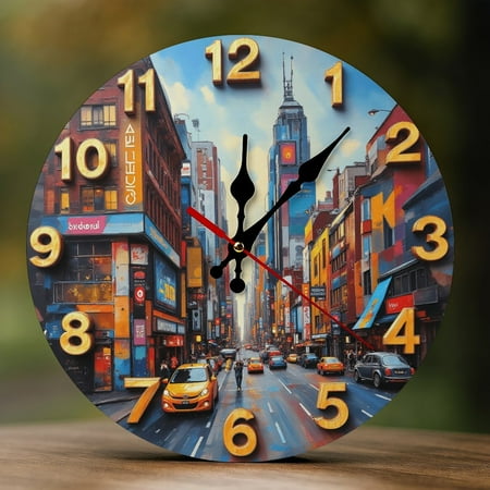 Wall Clock Decorative - Modern Colorful City Street Print 2D Vintage Wall Clocks Battery Operated Silent Non-Ticking for Bedroom, Living Room, Kitchen, Office, Classroom, 10 Inch
