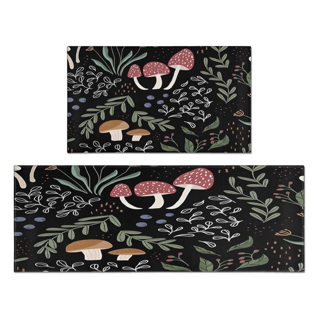 Attractive Set of 2 Red Mushroom Kitchen Rugs & Mats - Non-Slip, Cushioned for Comfort - Perfect Boho Touch for Kitchen, Bathroom, Laundry - Stylish Home Decor, 17x30 & 17x47 inches