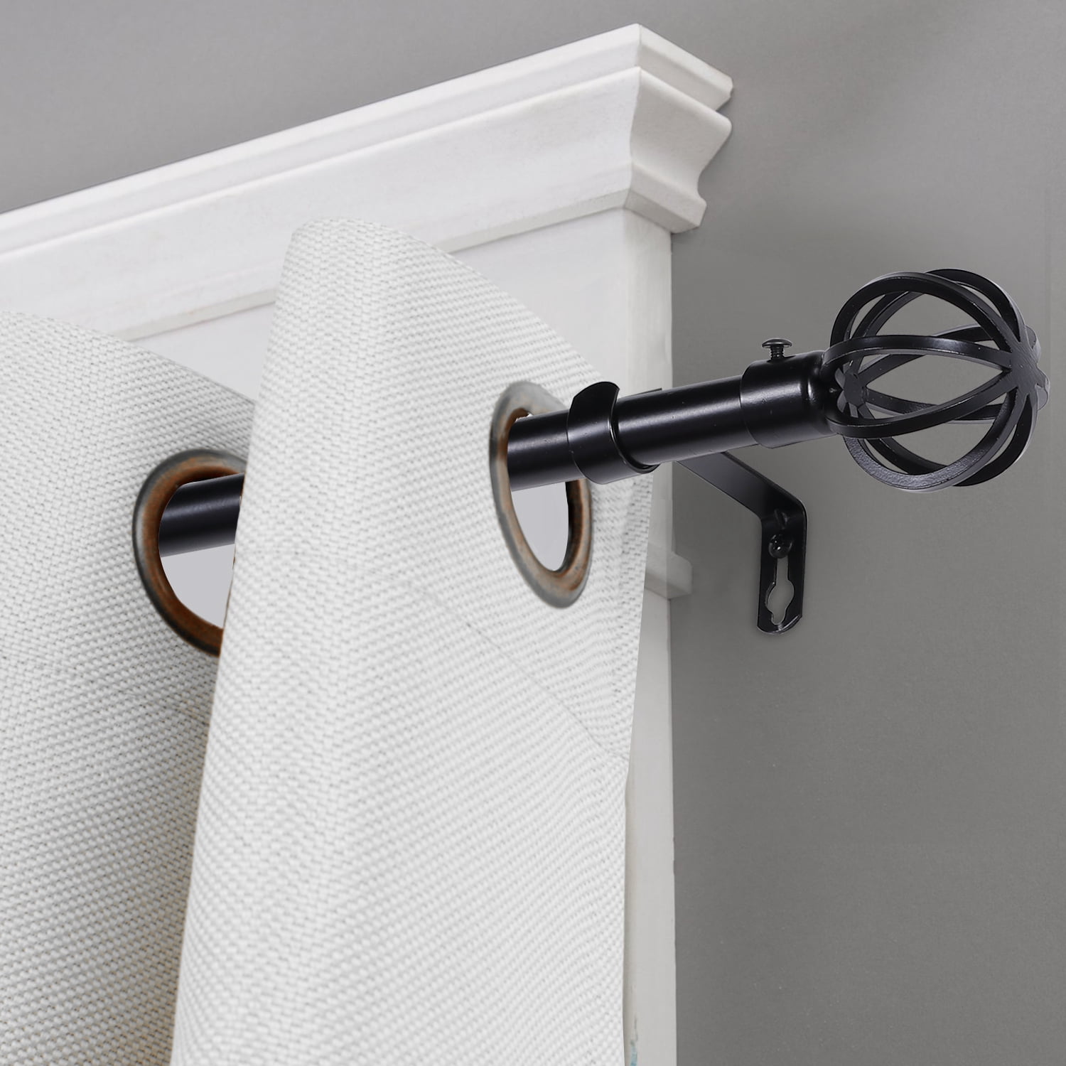 Turquoize Standard Single Adjustable Window Curtain Rod Set 3/4 in Diameter with Round Cage Finials, 48-84 in, Black