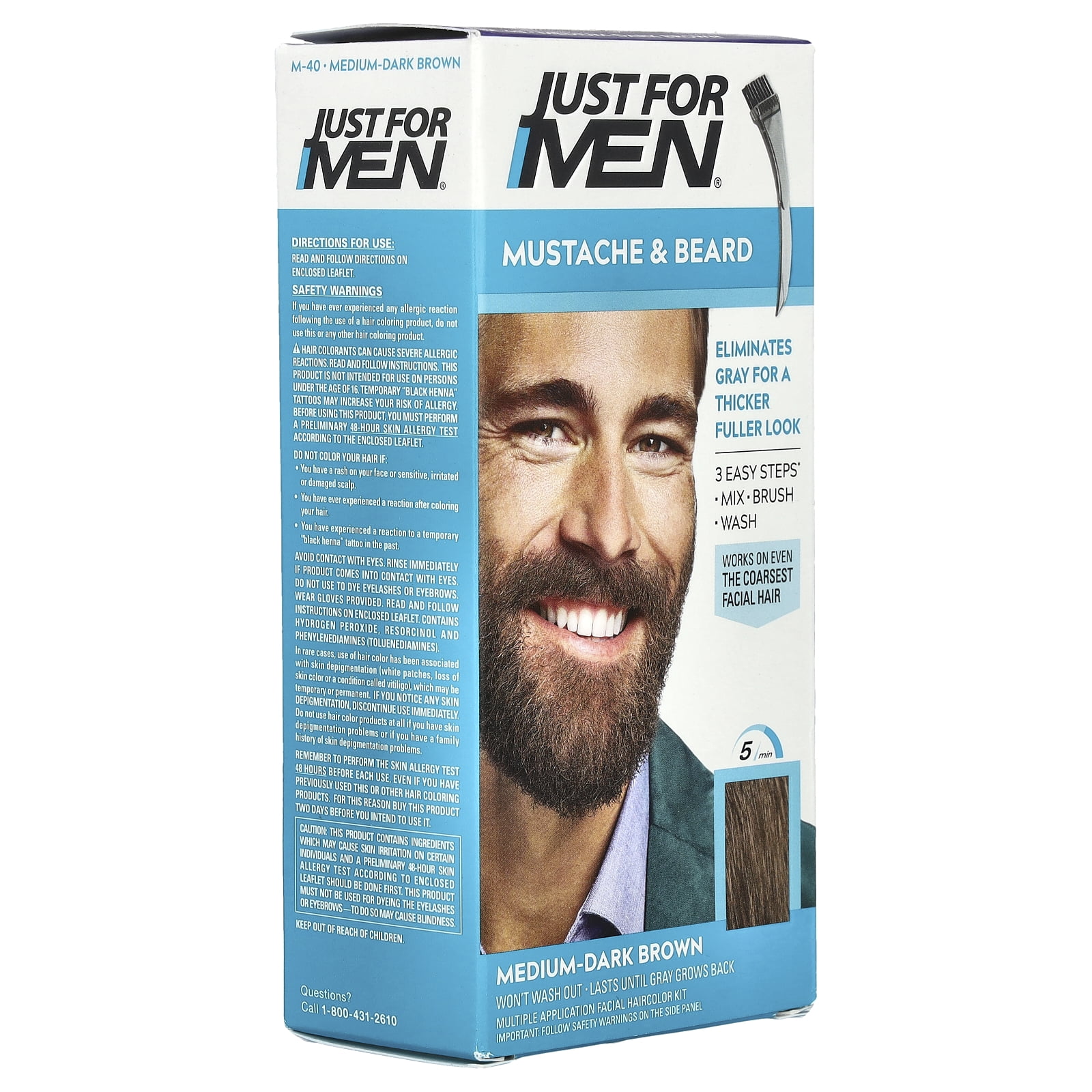 Just For Men Mustache & Beard, Beard Coloring for Gray Hair with Brush, With Keratin Biotin Aloe and Coconut Oil for Healthy Facial Hair - Medium-Dark Brown, M-40, Pack of 1 (Packaging May Vary)