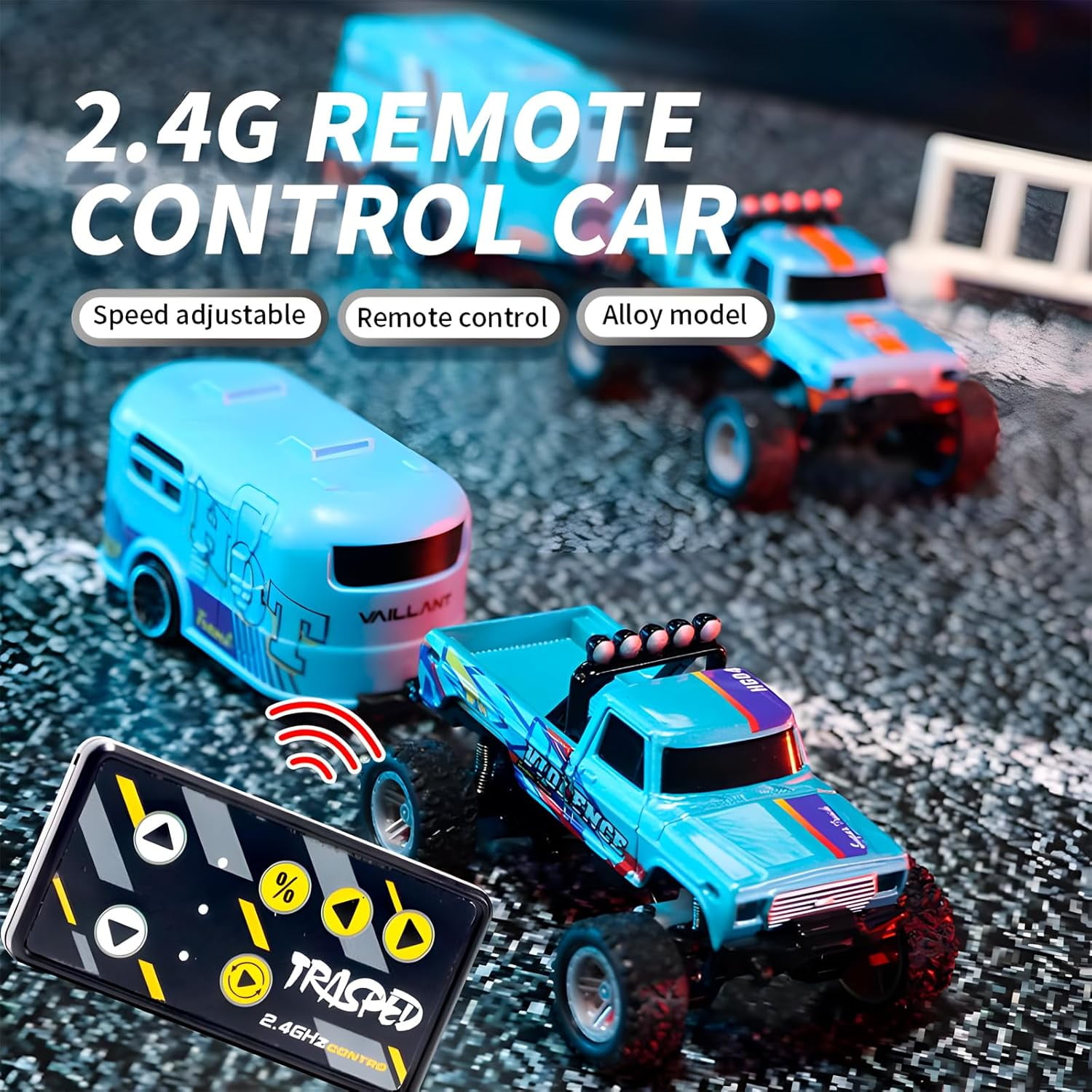1:64 Mini RC Monster Truck with LED Lights | 2.4GHz Off-Road Remote Control Car | 3 Speed Adjustable, USB Rechargeable Alloy RC Truck for Kids & Adults Indoor/Outdoor Racing (Orange Blue)