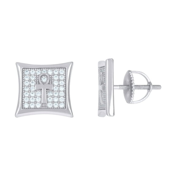 Sterling Silver Mens Cubic-Zirconia Ankh Cross Religious Stud Earrings