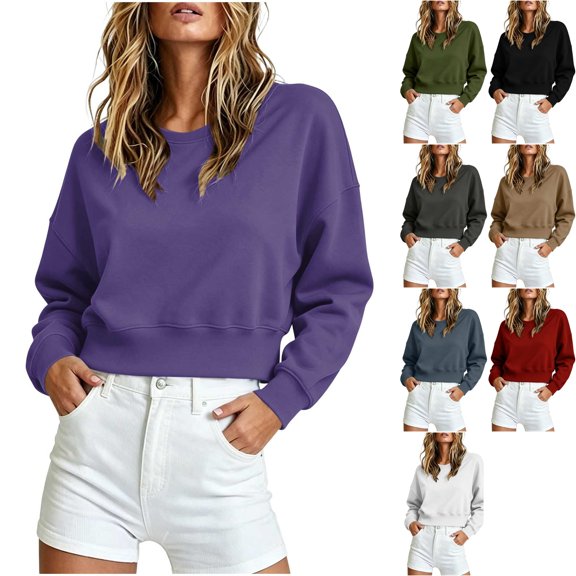 Womens Cozy Warm Fleece Long Sleeve Cropped Sweatshirt Crewneck Drop Shoulder Pullover Ribbed Hem Casual Y2K Outfits for Daily Wear, Purple, XL